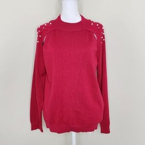 Joseph A. Fuchsia Pink Pearl Detail Cut Out Lightweight Sweater Large Barbiecore